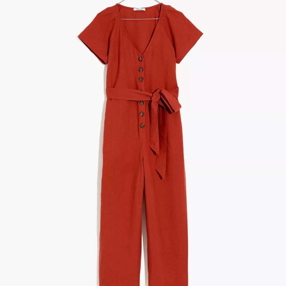 Madewell Linen-Cotton Pleat-Sleeve Jumpsuit in Dark Cinnabar